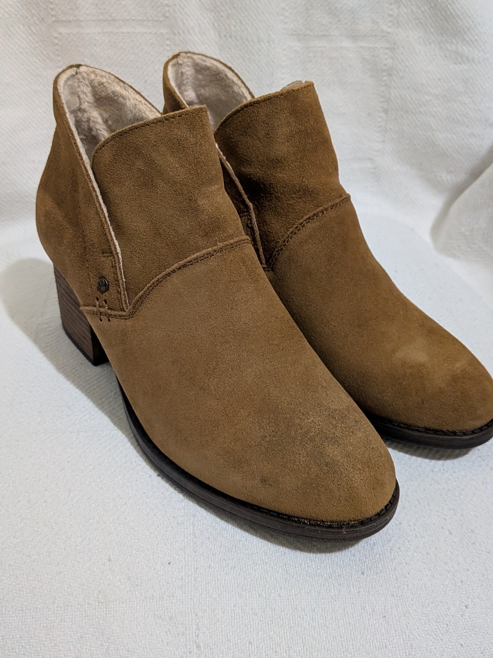 BearPaw Tan Suede Ankle Booties with Block Heel